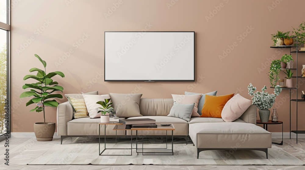 Beige home living room interior with sofa and coffee table with decoration. Generative Ai Beige home living room interior with sofa and coffee table with decoration. Generative Ai