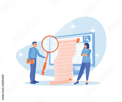 Job seeker checking job description on computer. Find the right job position. Job Description concept. Flat vector illustration.