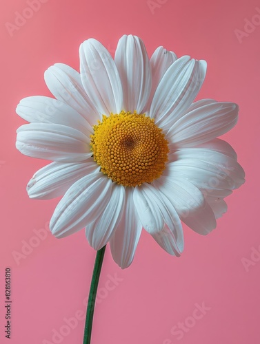 Single white daisy against a pastel pink backdrop, in a highkey lighting style for a bright and airy feel