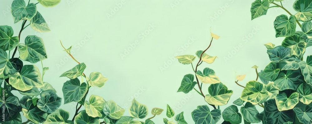 Obraz premium Green ivy leaves on a light green background forming a natural frame, perfect for nature-themed designs and backgrounds.