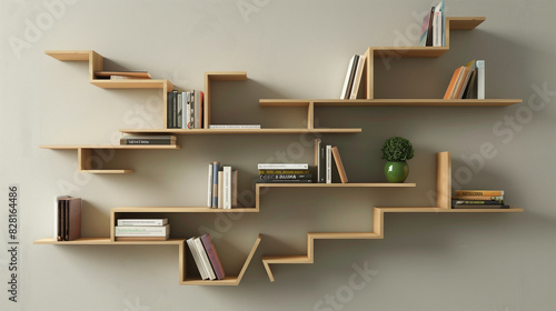 Modern geometric bookshelf with books and decorative items