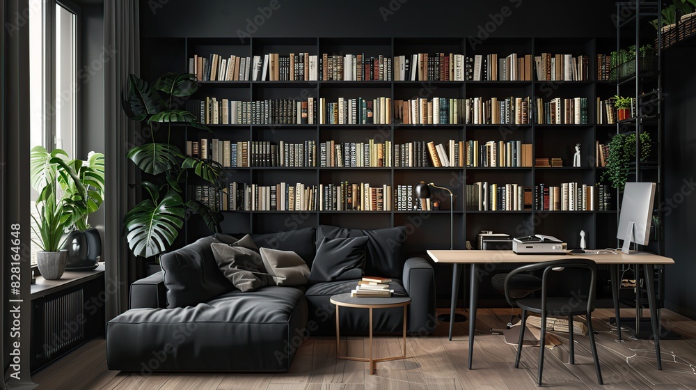 Black living room with sofa, working table, book shelf with book collection. Generative Ai Black living room with sofa, working table, book shelf with book collection. Generative Ai