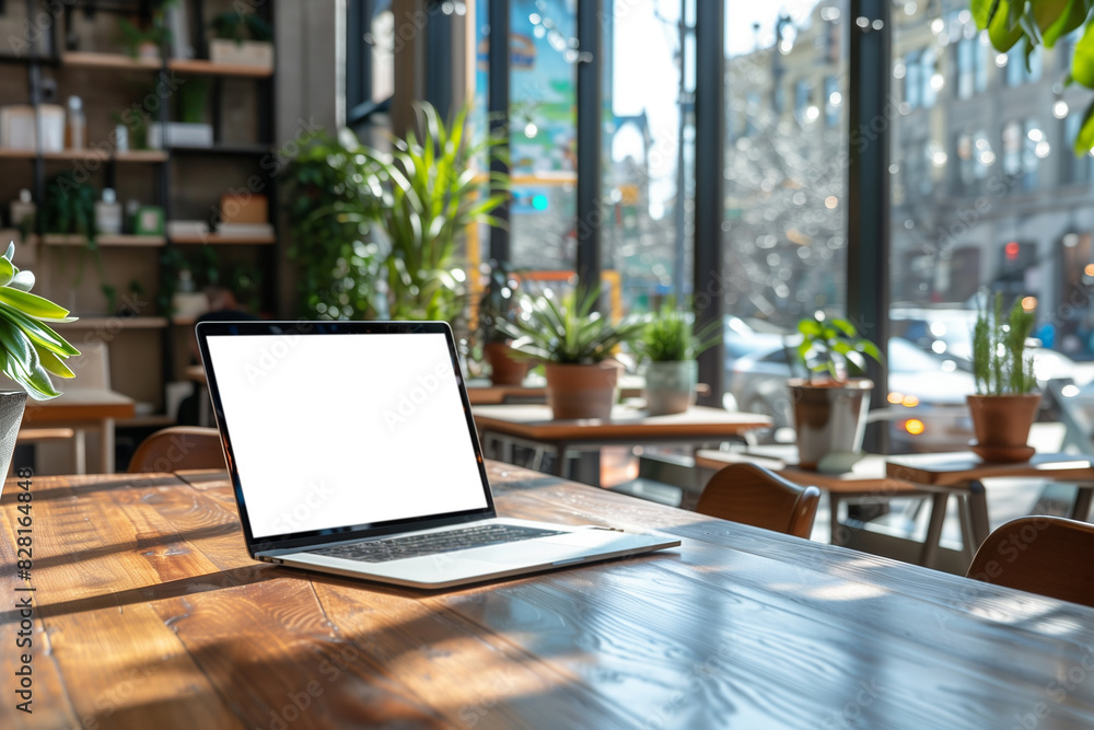 A laptop is open on a wooden table in a cafe. The table is surrounded by potted plants and chairs. Concept of productivity and relaxation, as people can work or study while enjoying the greenery A laptop is open on a wooden table in a cafe. The table is surrounded by potted plants and chairs. Concept of productivity and relaxation, as people can work or study while enjoying the greenery