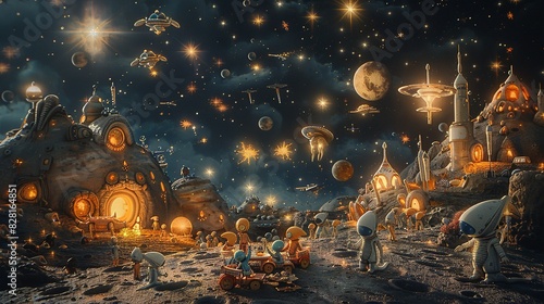 An imaginative 3D illustration of an alien family picnic on the moon, with spaceships flying in the sky, a backdrop of twinkling stars, and various alien creatures joining the fun. photo