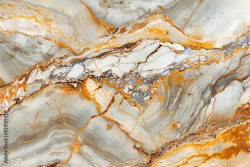 Close-up of a mottled white and brown marble surface covered in cracks and holes. Aged stone texture
