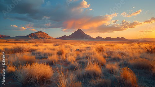 sunset over the mountains, Panoramic view of savanna with mountain backdrop created with generative ai