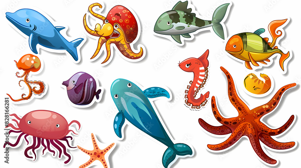 Naklejka premium Set of Sea Animals on a White Canvas Sticker,vector image