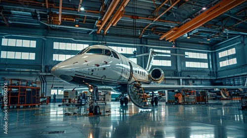 Aircraft Maintenance: Illustrate technicians performing maintenance checks on an aircraft in a well-equipped hangar, showcasing tools, equipment, and meticulous attention to detail. Emphasize the safe