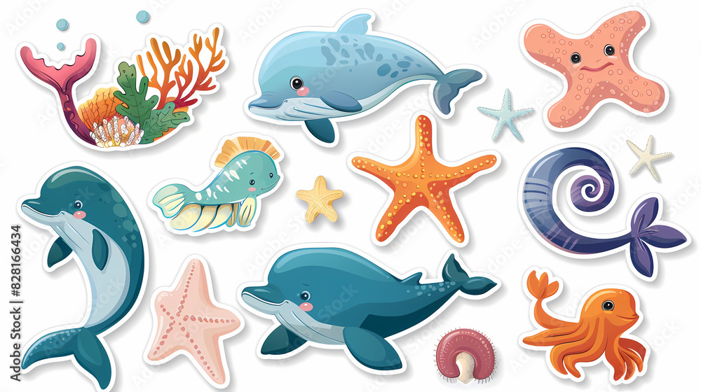 Set of Sea Animals on a White Canvas Sticker,vector image Set of Sea Animals on a White Canvas Sticker,vector image