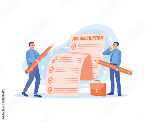 Qualifications and requirements for office. The HR team writes job duties and responsibilities. Job Description concept. Flat vector illustration.