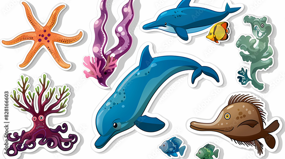 Set of Sea Animals on a White Canvas Sticker,vector image Set of Sea Animals on a White Canvas Sticker,vector image