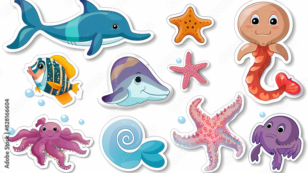 Set of Sea Animals on a White Canvas Sticker,vector image Set of Sea Animals on a White Canvas Sticker,vector image