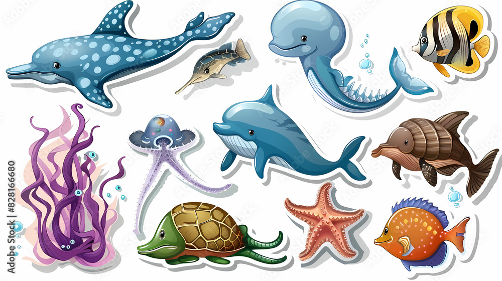 Naklejka premium Set of Sea Animals on a White Canvas Sticker,vector image