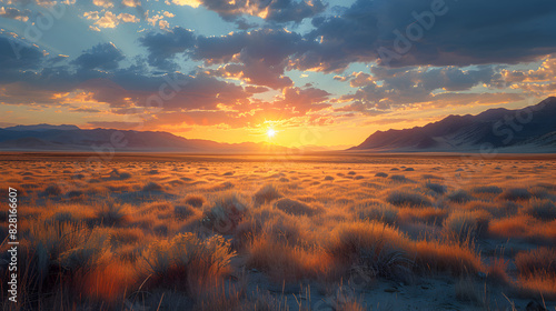 sunset in the mountains, A panoramic shot of a sprawling desert landscape with a lone figure walking towards the setting sun epic establishing shot photo