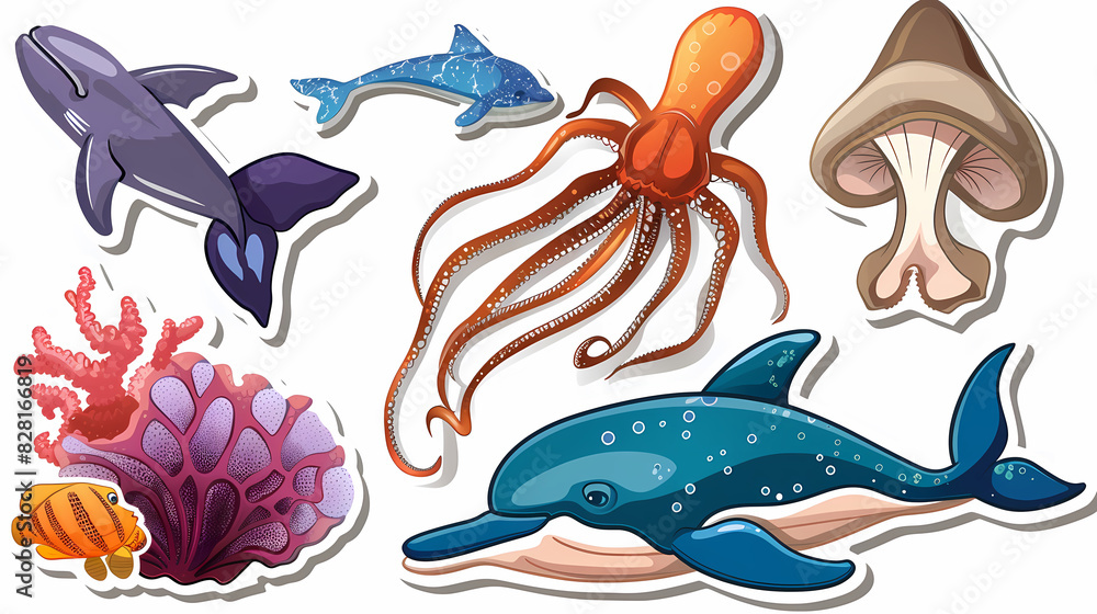 Fototapeta premium Set of Sea Animals on a White Canvas Sticker,vector image