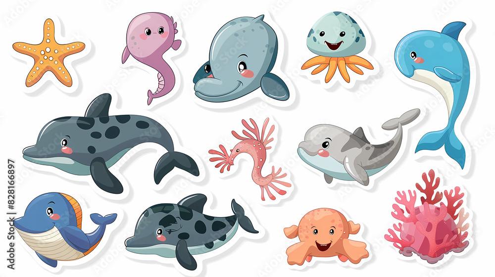 Set of Sea Animals on a White Canvas Sticker,vector image Set of Sea Animals on a White Canvas Sticker,vector image