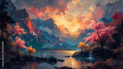 sunset in the mountains, Enchanting Aesthetics Very Beautiful Wallpaper with a Pictorial Essence