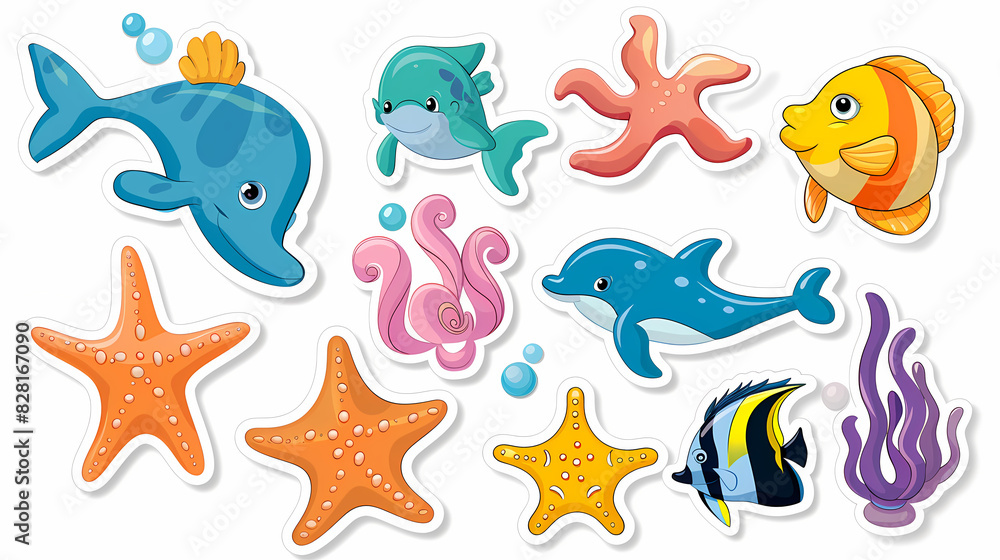 Set of Sea Animals on a White Canvas Sticker,vector image Set of Sea Animals on a White Canvas Sticker,vector image