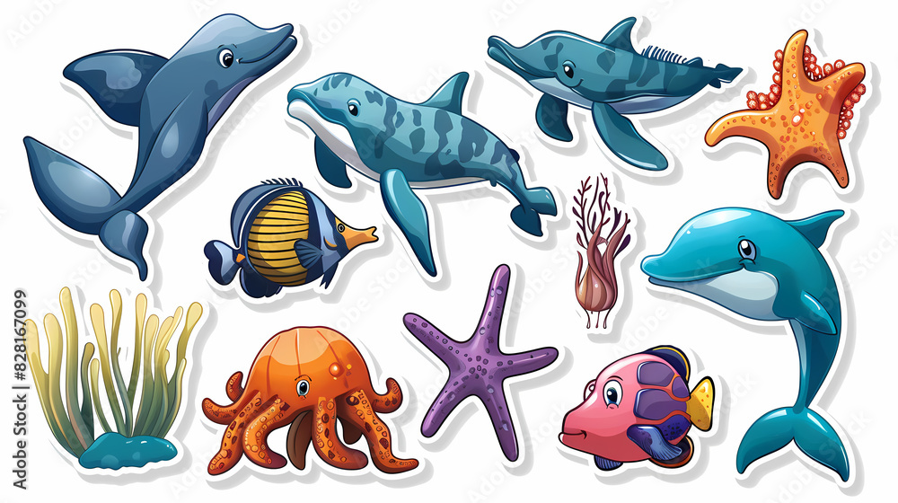 Set of Sea Animals on a White Canvas Sticker,vector image