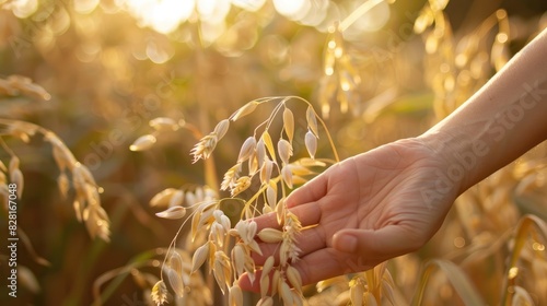 Agricultural worker s sun browned female hand caresses oat stems photo