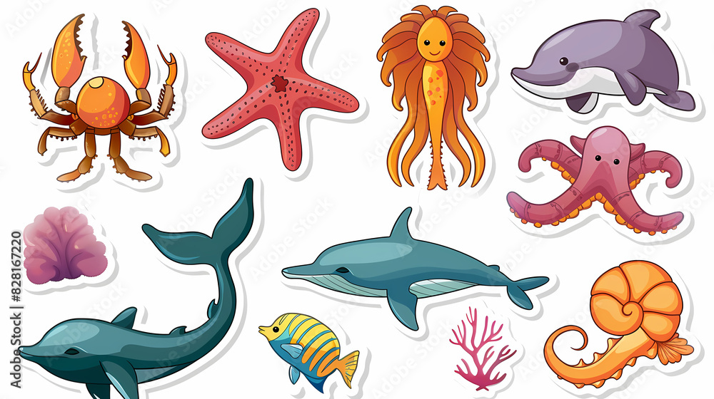 Set of Sea Animals on a White Canvas Sticker,vector image Set of Sea Animals on a White Canvas Sticker,vector image