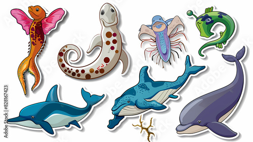 Set of Sea Animals on a White Canvas Sticker,vector image photo