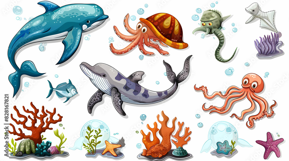 Fototapeta premium Set of Sea Animals on a White Canvas Sticker,vector image