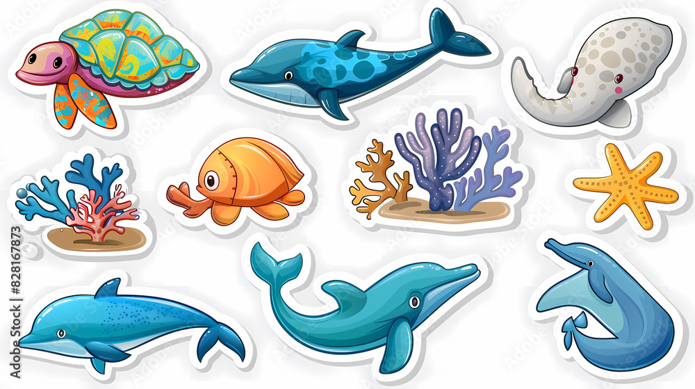 Set of Sea Animals on a White Canvas Sticker,vector image Set of Sea Animals on a White Canvas Sticker,vector image