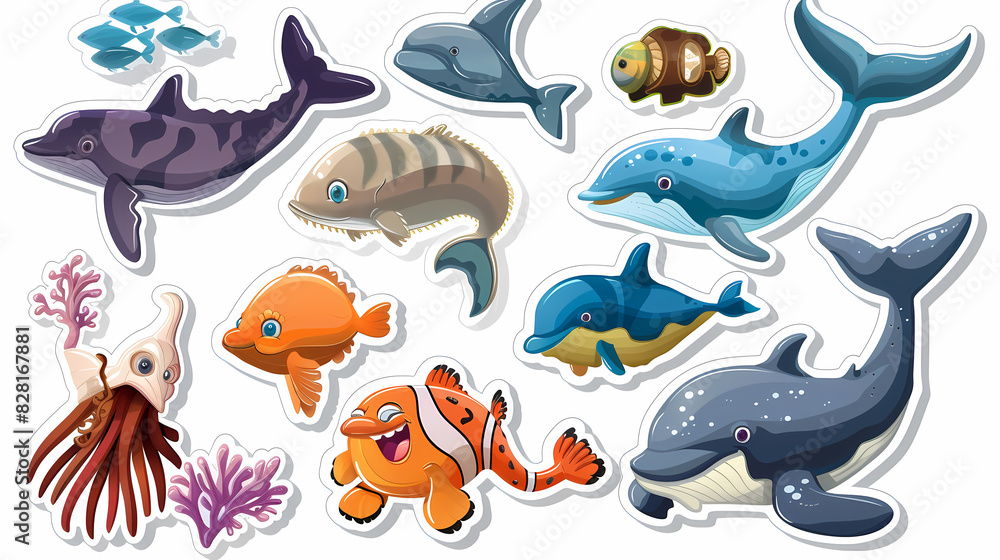 Set of Sea Animals on a White Canvas Sticker,vector image Set of Sea Animals on a White Canvas Sticker,vector image