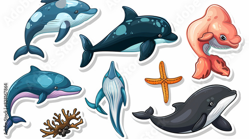 Set of Sea Animals on a White Canvas Sticker,vector image photo