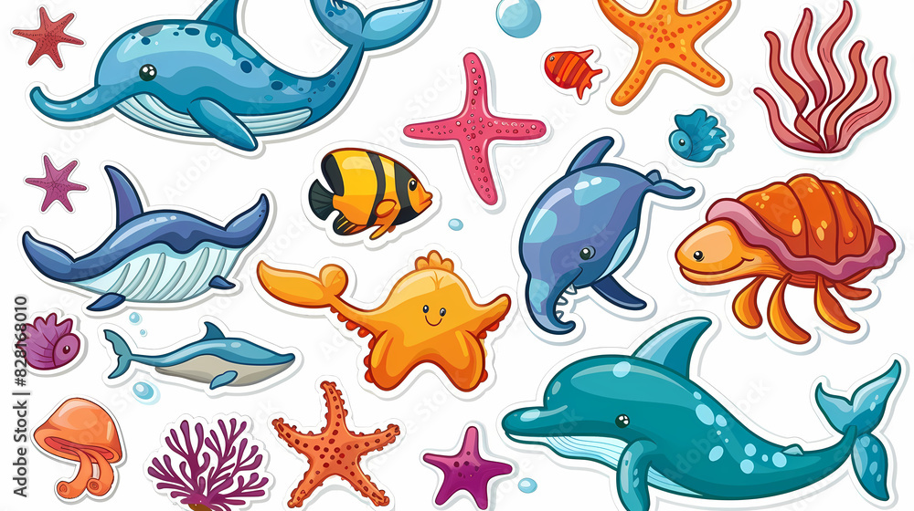 Set of Sea Animals on a White Canvas Sticker,vector image Set of Sea Animals on a White Canvas Sticker,vector image