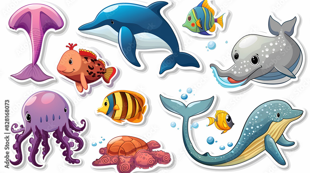 Set of Sea Animals on a White Canvas Sticker,vector image Set of Sea Animals on a White Canvas Sticker,vector image