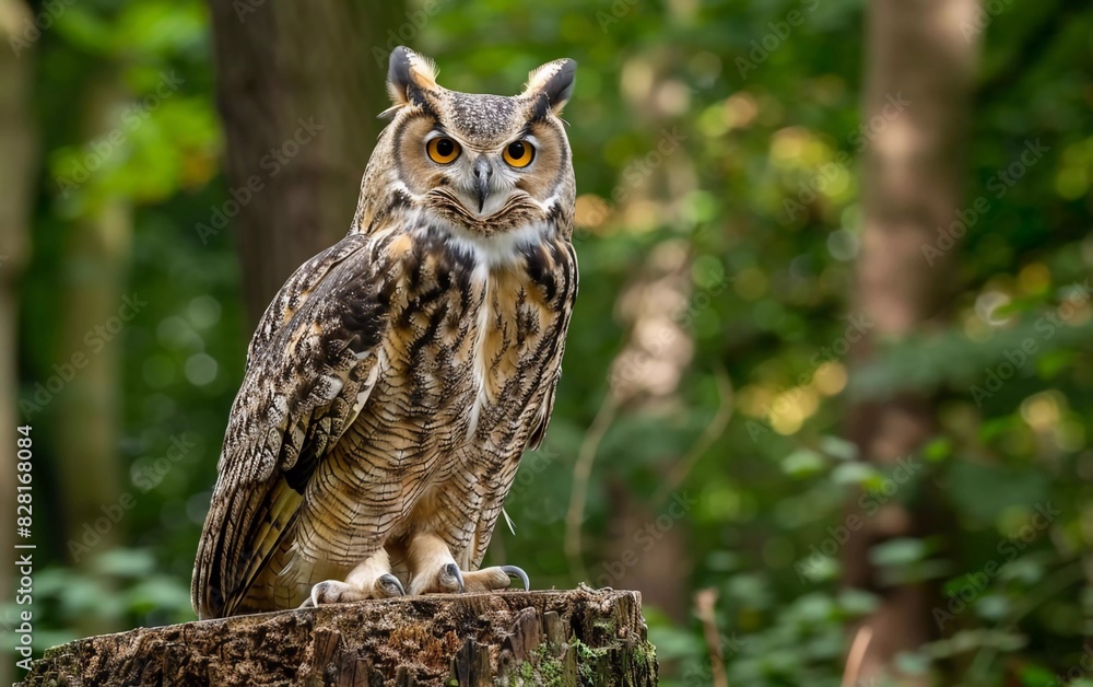 Eurasian Eagle Owl (Bubo Bubo) sitting on a tree stump, very beautiful close-up Eurasian Eagle Owl (Bubo Bubo) sitting on a tree stump, very beautiful close-up