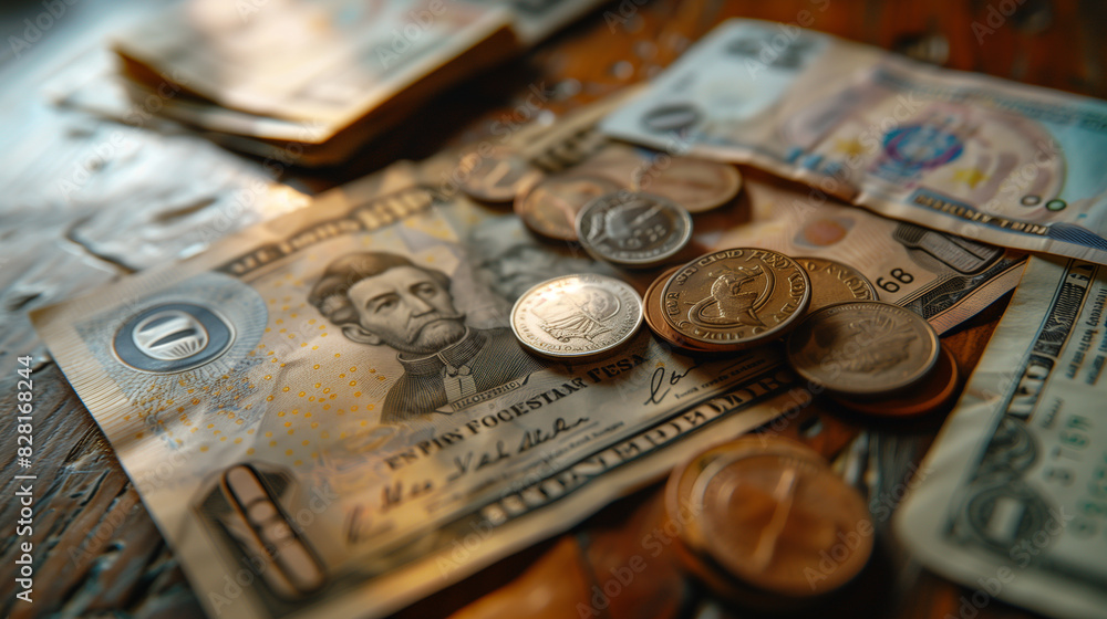 A pile of coins and a dollar bill on a table. The coins are of different sizes and colors, and the dollar bill is yellow. Concept of wealth and abundance, as the coins A pile of coins and a dollar bill on a table. The coins are of different sizes and colors, and the dollar bill is yellow. Concept of wealth and abundance, as the coins