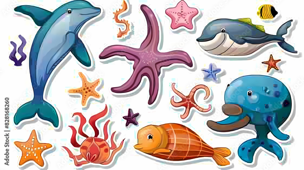Set of Sea Animals on a White Canvas Sticker,vector image Set of Sea Animals on a White Canvas Sticker,vector image