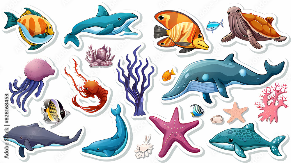 Set of Sea Animals on a White Canvas Sticker,vector image Set of Sea Animals on a White Canvas Sticker,vector image