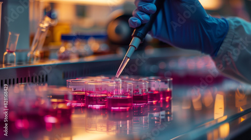 A person is using a pipette to transfer liquid into a petri dish. The dish is filled with pink liquid and is placed on a table. Concept of precision and scientific focus