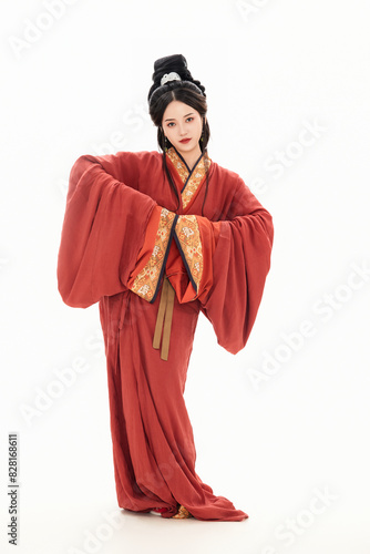 A woman wearing ancient Chinese clothing against a white background.