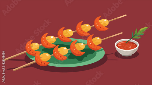 Skewers of marinated grilled shrimp seared to perfection and drizzled with a tangy Romesco sauce adding a touch of elegance to the tapas spread.. Vector illustration