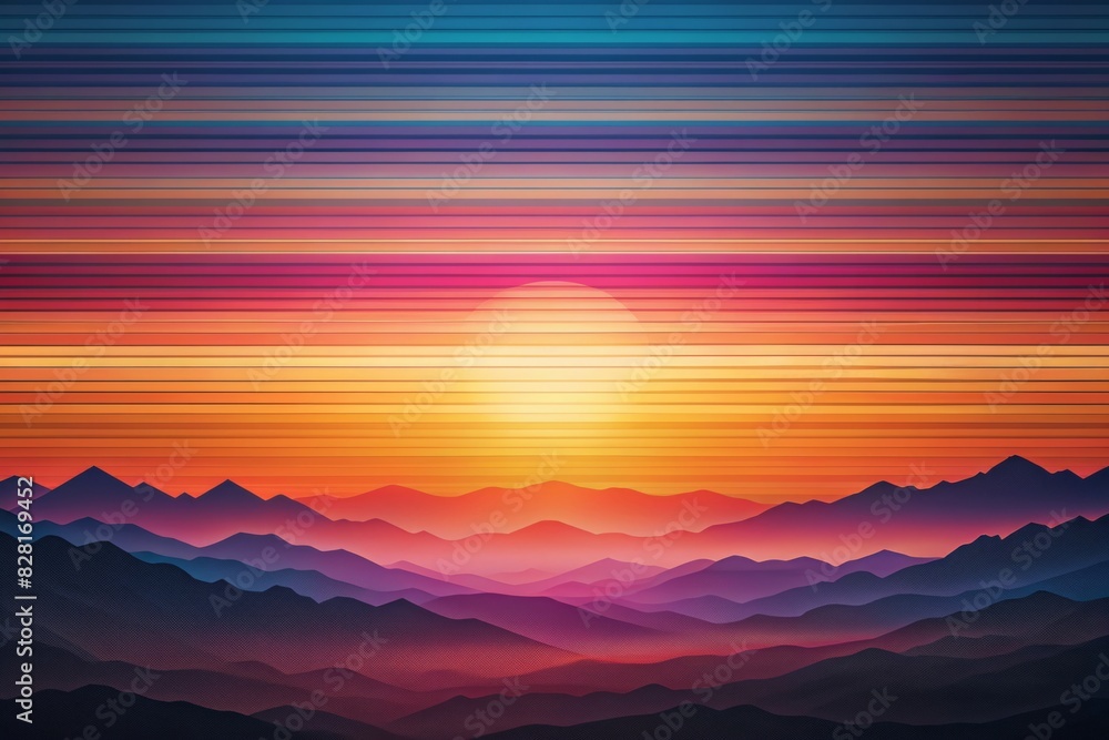 Fototapeta premium A dynamic artwork where stripes use gradient transitions to mimic the illusion of a sun setting behind mountains
