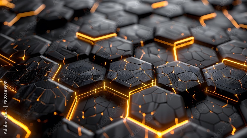 Luxury hexagonal abstract black metal background with golden light lines. Dark 3d geometric texture illustration. Luxury hexagonal abstract black metal background with golden light lines. Dark 3d geometric texture illustration.