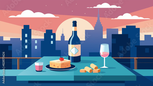A rooftop terrace overlooking the sparkling city skyline where a platter of creamy camembert tangy feta and a bottle of sweet rosé awaits.. Vector illustration