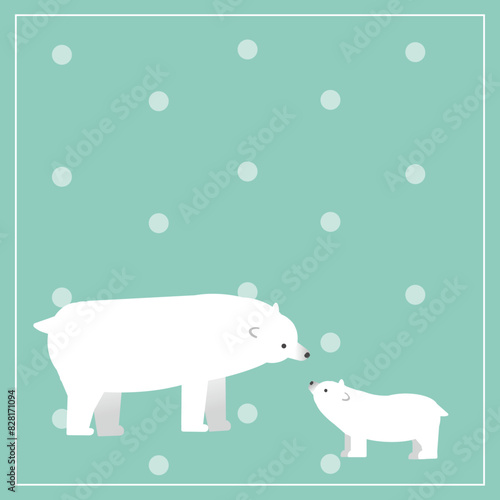 水玉の背景ありシロクマ親子のイラスト