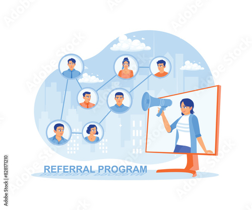 Marketing on social media. People share business information and make money. Referral Program concept. Flat vector illustration.