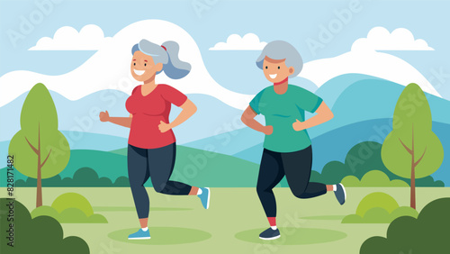 Two wearers of silver hair taking in the fresh air as they jog side by side through a peaceful countryside.. Vector illustration