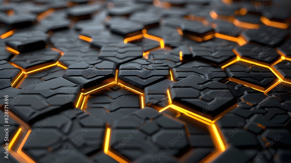 Fototapeta premium Luxury hexagonal abstract black metal background with golden light lines. Dark 3d geometric texture illustration. 