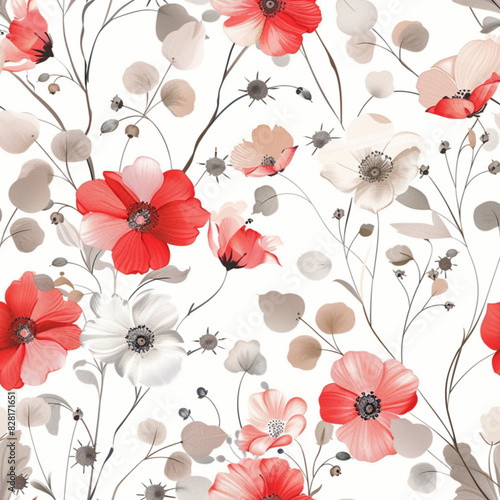 light pink and red and beige and white flowers with stems and leaves  beautifully combined with each other  a girlish pattern perfect for dresses and children s clothes. pure white background