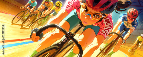 Close up of female track cyclist racing full speed in an arena at the summer Olympic Games , with their gear worn from competition. The leading one in the front of the image is a wearing glasses