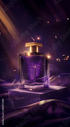 A luxury perfume bottle on an elegant surface, surrounded by an atmosphere of wealth. Perfume advertising theme for luxury brands with copy space for logo and text. © PHTASH