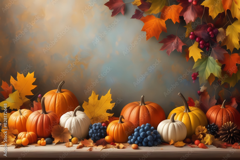 Dynamic acrylic paint border adorned with autumn and Thanksgiving symbols: vibrant leaves, pumpkins, and an array of seasonal fruits. Dynamic acrylic paint border adorned with autumn and Thanksgiving symbols: vibrant leaves, pumpkins, and an array of seasonal fruits.